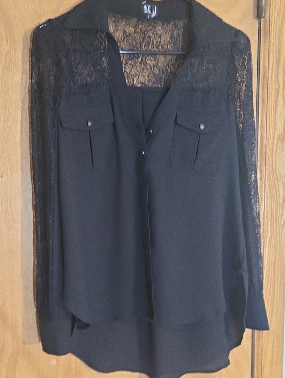 Very J Black Lace-Sleeve Button Down Blouse